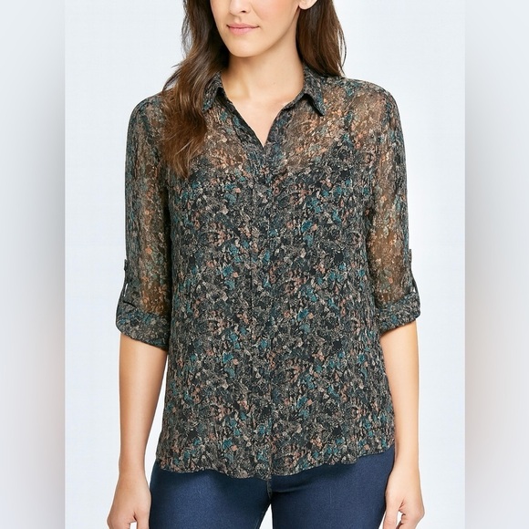 Socialite Tops - Socialite Button Down Cuff Sleeve 3/4 Sleeve Multicolor Print Open Back Blouse L